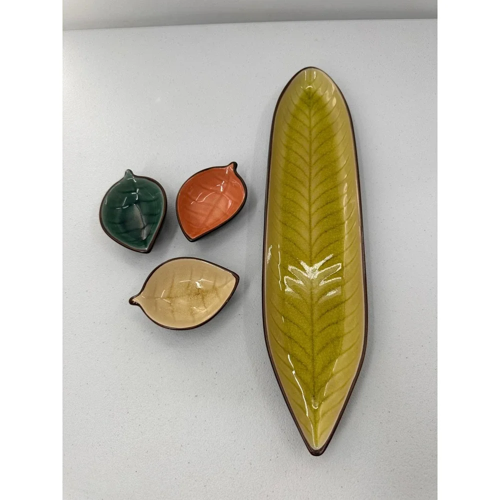 Pier 1 Imports Leaf Serving Tray Set Stoneware 4pc Green Dipping Bowls Farmhouse